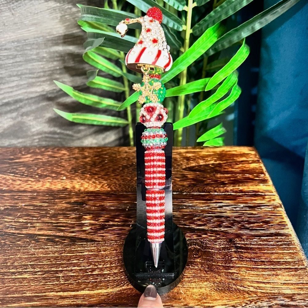Christmas Hand-Made Custom Extended Beaded Pen  Large Christmas Hat. Rhinestone.